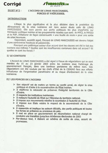 Sujet Corrigé de Dissertation: L'accord de Linas Marcoussis, forces et faiblesses