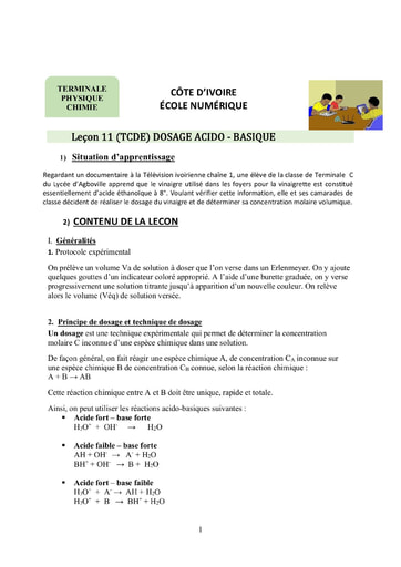 Dosage Acido-Basique - Cours de Physique Chimie niveau Terminale C D et E