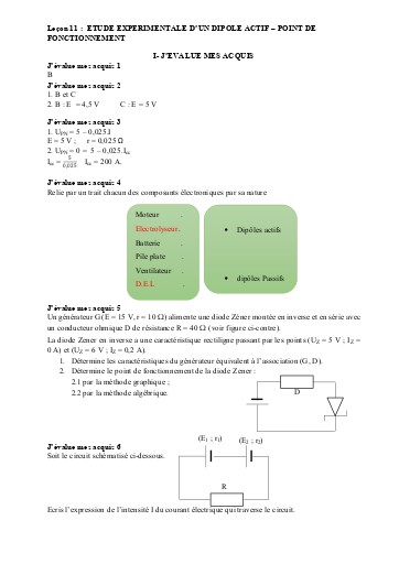 Corrigé Leçon 11 Etude expé dip actif Point de fonctionnement