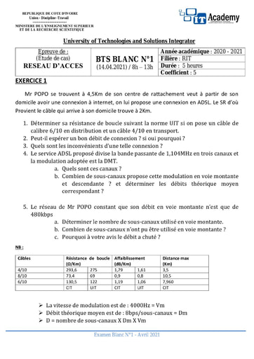 Sujet de reseau d'acces  BTS 2 RIT IT ACADEMY