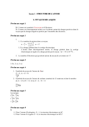 Corrigés leçon 2 La structure de l'atome