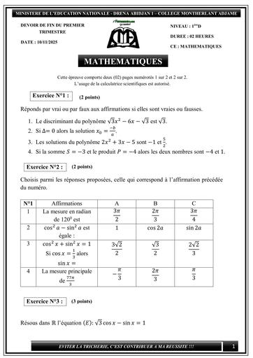 DEVOIR DE MATHS 1iere D FIN DE TRIMESTRE 2025 BY TEHUA