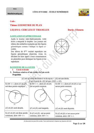 4e Maths leçon 6 Cercles et Triangles