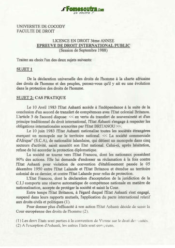 Epreuve de Droit International Public - Septembre 1988