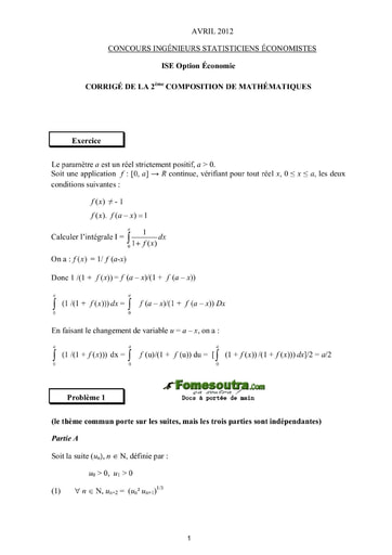 Corrigé 2ème épreuve de maths ISE option économie 2012 (ENSEA - ISSEA)