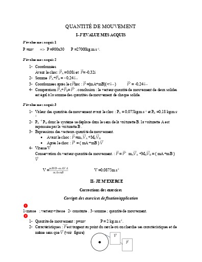 Corrigé leçon 6 Quantité de mouvement