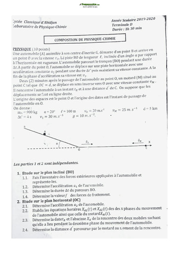 Sujet de Physique-Chimie Lycée Classique Abidjan 2021-2022