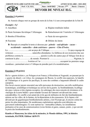 Sujets d'Histoire-Géographie niveau Troisième 2021-2022