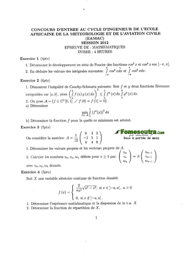 Sujet de Maths concours EAMAC cycle Ingénieur session 2012