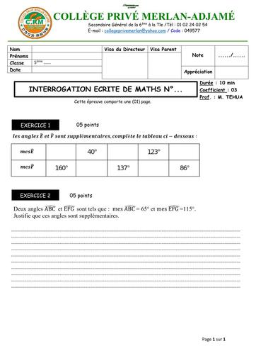 INTERROGATION ECRITE N°3 DE MATHS NIVEAU 5ième (LES ANGLES) NOVEMBRE 2025 BY TEHUA
