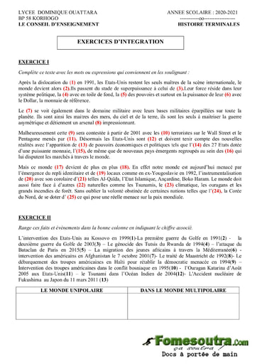 Exercices d'integration d'Histoire niveau Terminale - Lycée Dominique Ouattara Korhogo