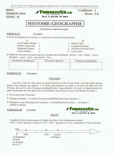 Sujet d'Histoire Geo BEPC 2014 Zone 2