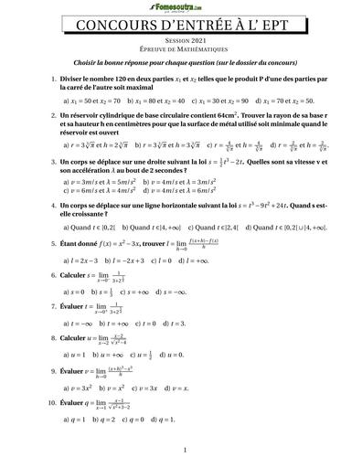CONCOURS  EPT EPREUVES 2021 BY TEHUA