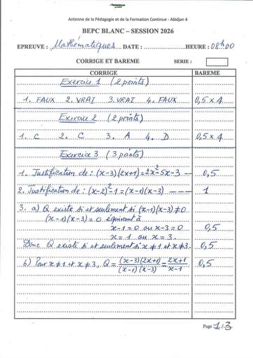 BEPC BLANC MARS 2026 DRENA ABIDJAN 4 SUJET MATHS (BAREME) by TEHUA