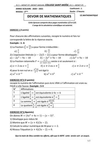 DEVOIR DE NIVEAU MATHS 3ieme TRIMESTRE 1 SAINTE MOISE 2021 BY TEHUA