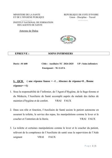 EVALUATION SOINS INFIRMIER AUXILIAIRE 1A 2025  DEVOIIR DE GROUPE DALOA BY TEHUA