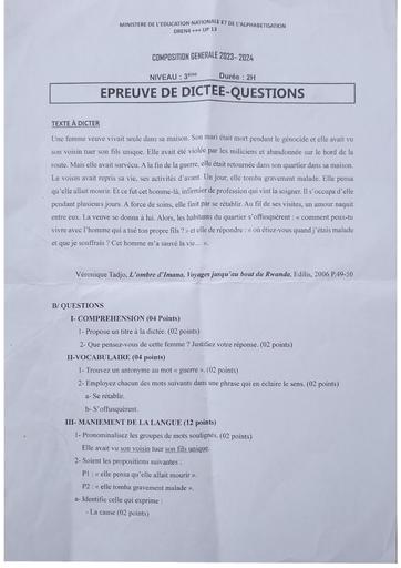 Partielle 2023 Épreuve de dictée questions niveau 3ieme up13 by Tehua