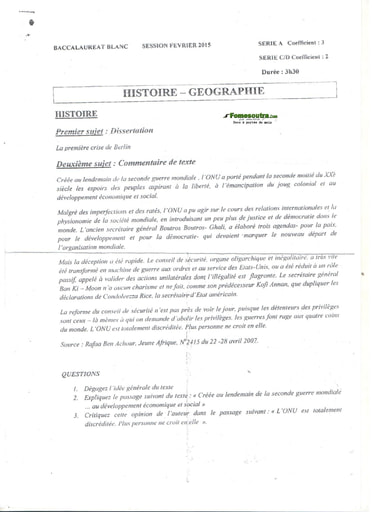 Sujet d'Histoire et Geographie BAC blanc série A C et D 2015 - Unité Pédagogique Adjamé 1 zone 06