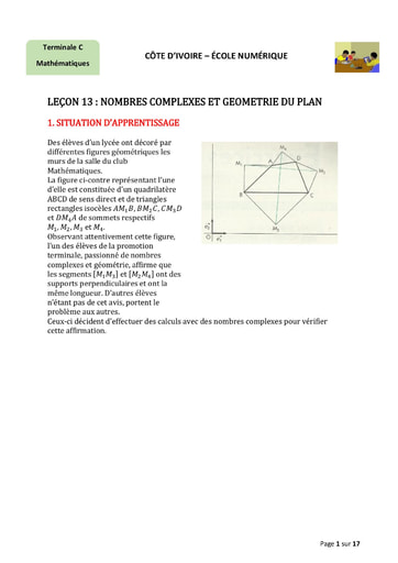 Sujet Maths Nombres complexes et géométrie du plan Terminale C