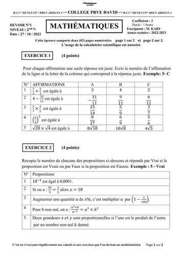 DEVOIR DE MATHS NIVEAU 3ième CP DAVID 2022 BY TEHUA