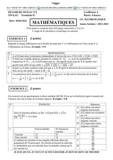 DEVOIR DE NIVEAU MATHS Tle D BOCABO BY TEHUA