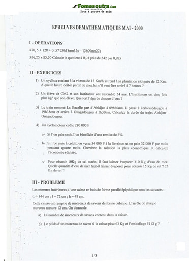 Sujet et corrigé de Mathématiques concours d’entrée à l'EMPT Bingerville 2000