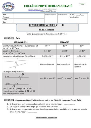 DEVOIR DE MATHS N°2 NIVEAU 4ième ANGLES BY TEHUA