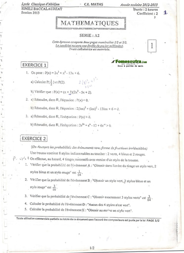 Sujet de Maths BAC blanc 2013 série A2 Lycée Classique d'Abidjan