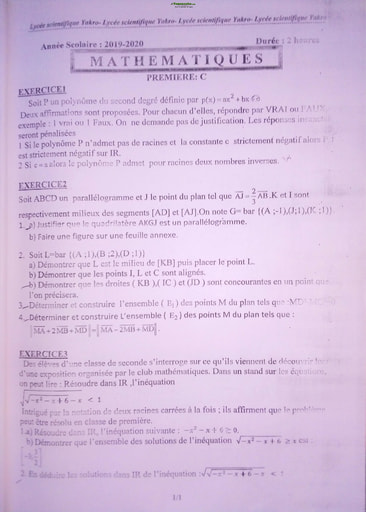Devoir de Mathématiques niveau Première C - Lycée Scientifique Yamoussoukro - Année scolaire 2019-2020