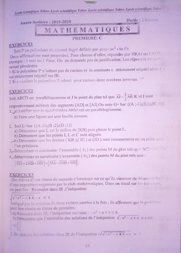 Devoir de Mathématiques niveau Première C - Lycée Scientifique Yamoussoukro - Année scolaire 2019-2020