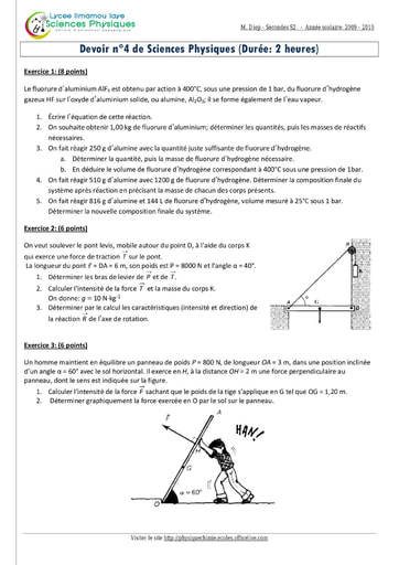 Devoir (6) corrigé de Sciences Physiques niveau Seconde S - Lycée Limamou Laye - Année scolaire 2009-2010