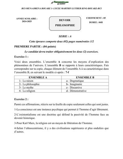 DEVOIR DE PHILO Tle A LYCEE MARTHIN LUTHER KING BOUAKE 2025 BY TEHUA
