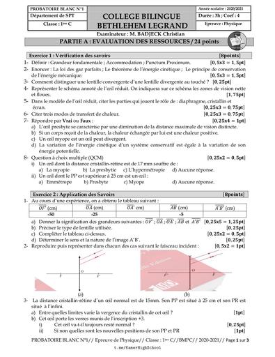 Probatoire Blanc de Physique Premiere C Annee 2021