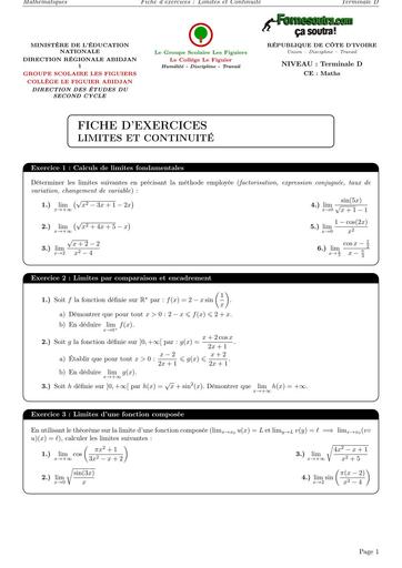 Fiche DE TRAVAUX Dirigés MATHS Tle D LIMITES ET CONTINUITE BY TEHUA