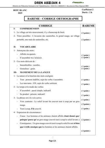 Bepc blanc régional 2025 dren Abidjan 4 ORTHOGRAPHE DQ CORRIGE ET BAREME BY TEHUA