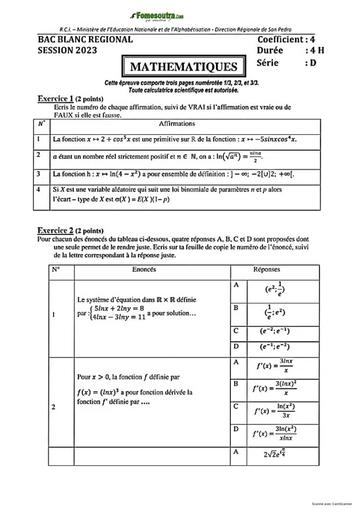 SUJET ET CORRIGE BAC BLANC 2023 MATHEMATIQUES SERIE D REGIONAL DE SAN PEDRO COTE D'IVOIRE