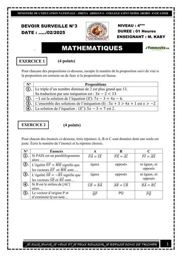 Devoir maths 4ème (3è trimestre) COLLEGE SAINTE MOISE ABOBO 2025 by TEHUA