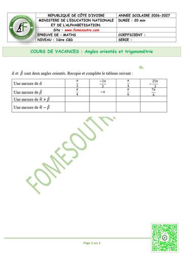 FICHE 7 MATHS 1ière C&D Angles orientés et trigonométrie by TEHUA
