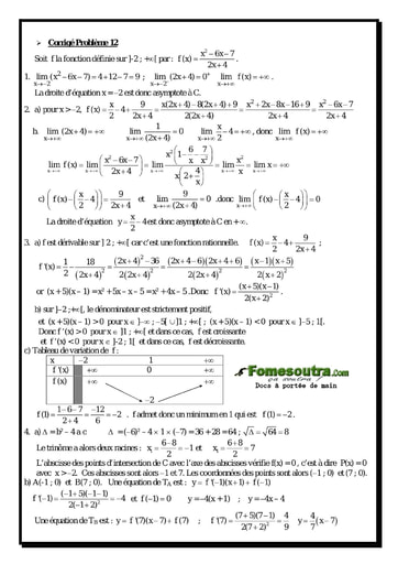 Corrigé Problème (12) Etude d'une fonction rationnelle - Maths Terminale D