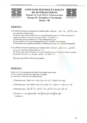 Concours-Houphouet-Boigny-Maths 2016-Niveau 1ere-Tle by DJAHA