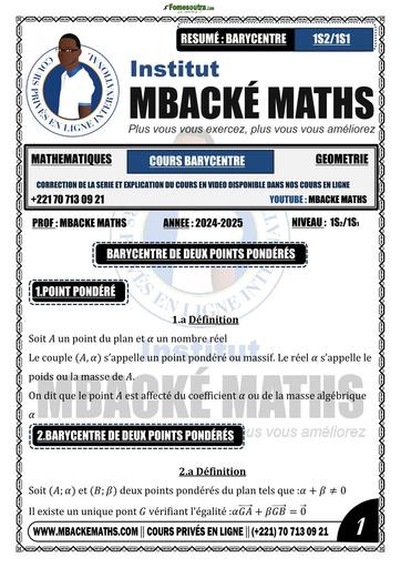 RESUME COURS BARYCENTRE 1IERE S BY TEHUA