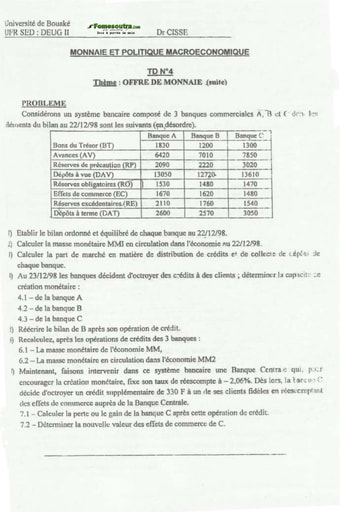 TD (1) Monnaie et Politique Microéconomique - DEUG II - UFR SED - Université de Bouaké