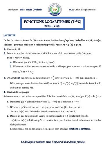 Fiche de Maths Tle C DECOUVERTE DES FONCTIONS LOGARITHMES by Tehua