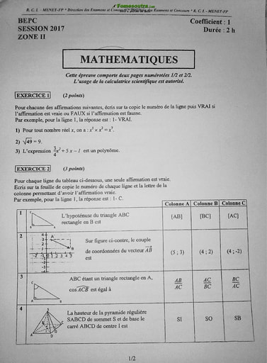 Sujet corrigé et barème de Mathématique BEPC 2017 zone 2