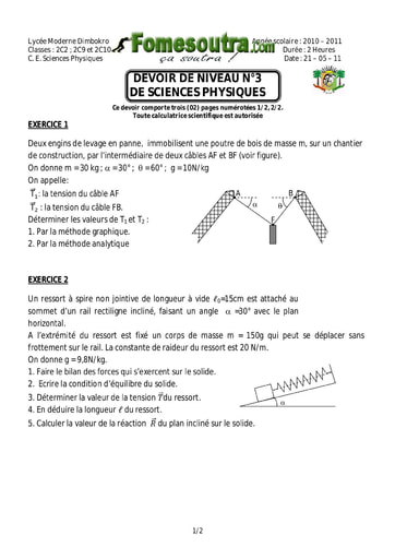 Devoir 1 de Physique-Chimie niveau 2nd C