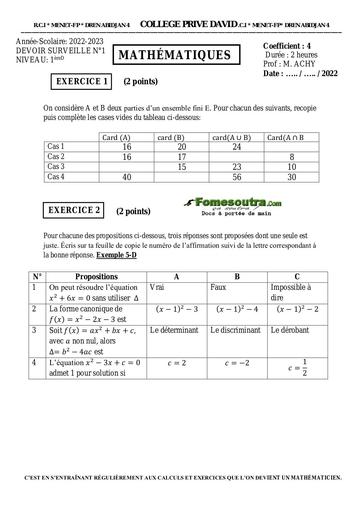 DEVOIR DE MATHS COLLEGE ABIDJAN 4 1ere D