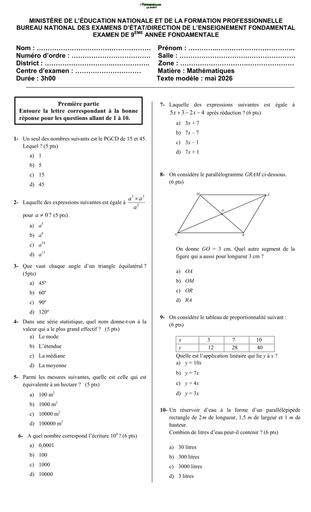 Modèle d'axamen 2026 Mathématiques 9e AF BY TEHUA