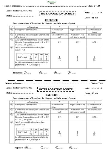INTERROGATION ECRITE MATHS Tle D (Variable aléatoire) by TEHUA