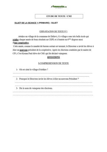 COURS DE VACANCES PRIMAIRE ETUDE DE TEXTE SUJET 1 CM