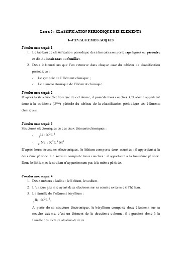 Corrigés Leçon 3 Classification périodique des éléments